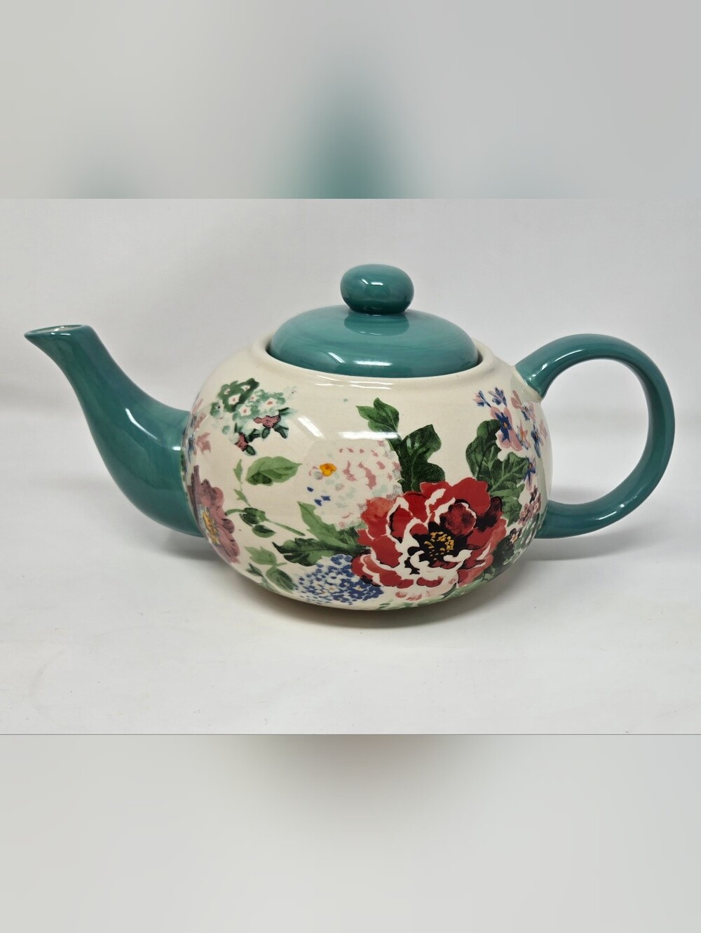 Pioneer Woman Country Garden Ceramic Floral Teapot Teal Lid Collectible
